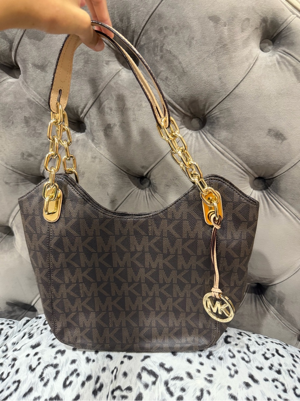 REAL AUTHENTIC Michael Kors Brown MK Logo Chain-Handle Shoulder Bag